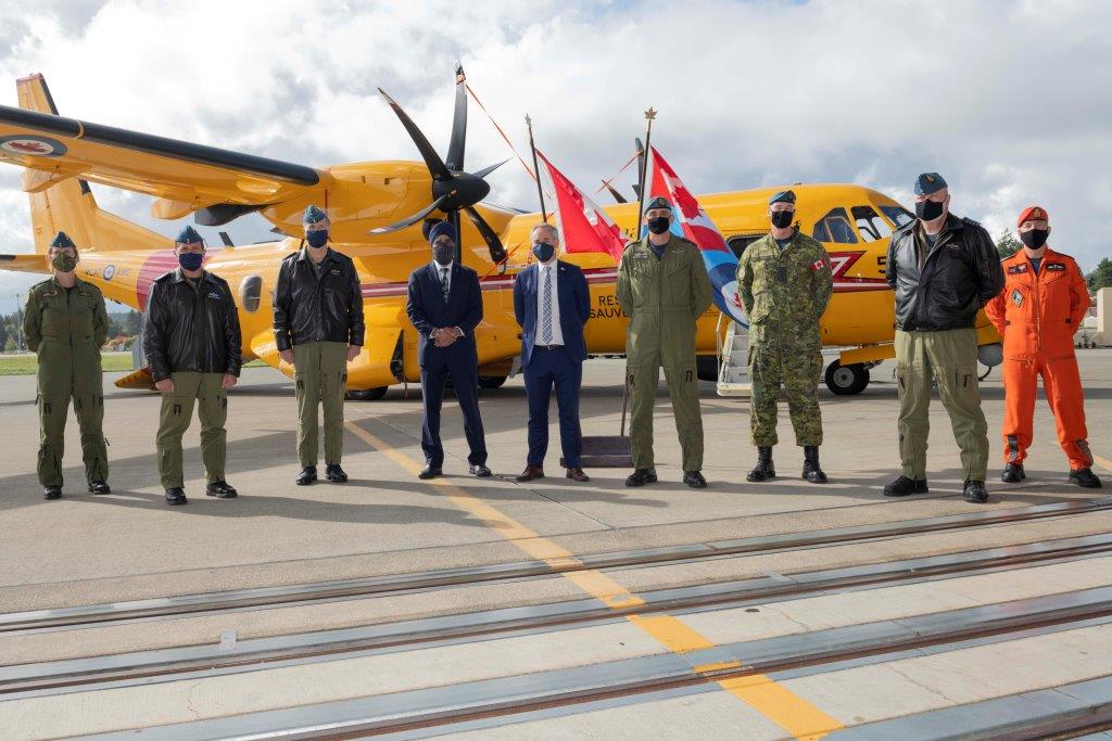 Defence Minister Sajjan and dignitaries welcome the Airbus CC-295 Kingfisher into the RCAF Photo by Joetey Attariwala